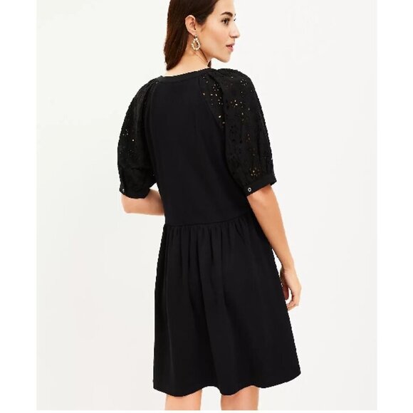 LOFT Eyelet Button Mixed Media Swing Dress Black Size L - Picture 2 of 8
